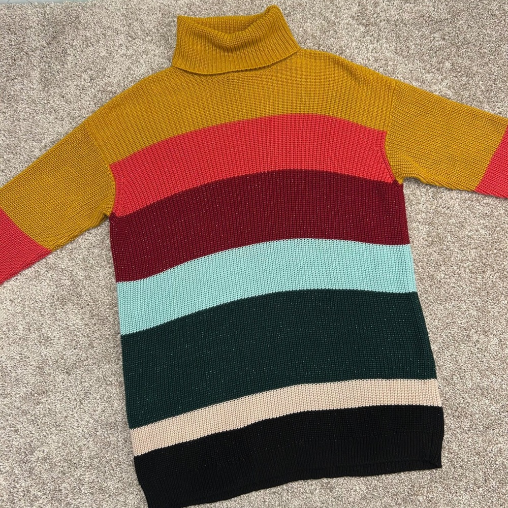 Farm Rio X Anthropologie Striped Turtleneck Tunic Sweater Metallic Flecks‎ Large